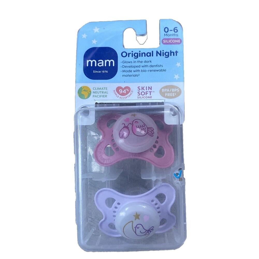 MAM Original Night Binky Pacifier 0-6 Months BPA-Free Silicone Glows 2 Pack New